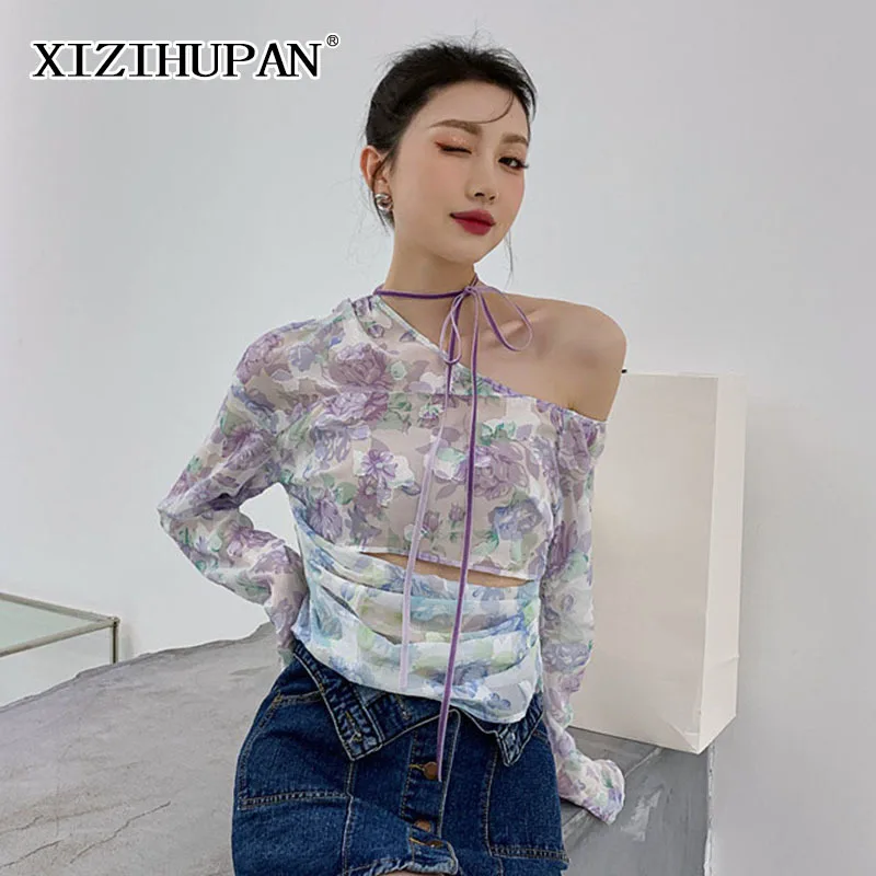 

XIZIHUPAN Patchwork Print T Shirt For Women Skew Collar Long Sleeve Hollow Out Lace Up Shirts Sexy Female Fashion Clothing 2021