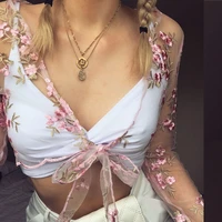 ladies summer new style womens sexy mesh see through floral embroidery crop top ladies casual long sleeved front tie top 2021