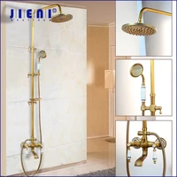 jieni wall mounted bathroom rainfall shower faucet set antique brass handshower bathtub solid brass shower faucets w shelf
