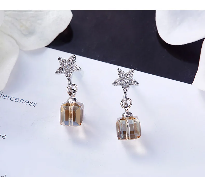 Warme Farben Crystal from Swarovski Earrings for Women S925 Sliver Square Cube Crystal Drop Earrings Korean Earrings Brincos