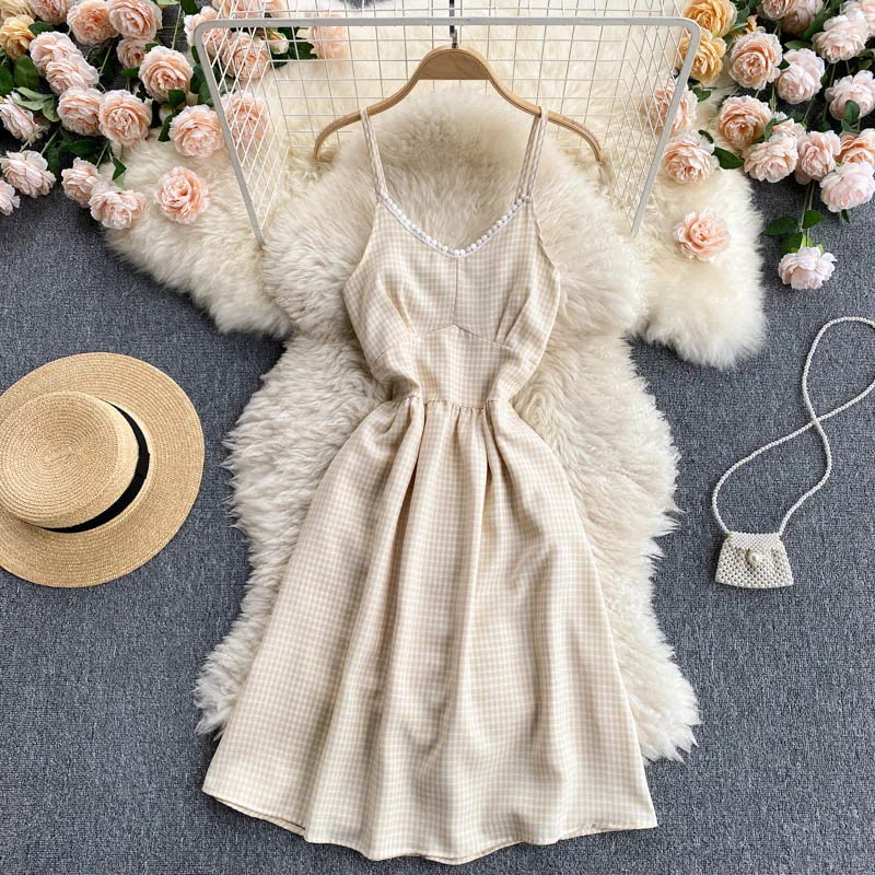 

Sexy V-neck High Waist Slimming Sexy Halter Strap Retro Plaid Dress Female Summer Dress