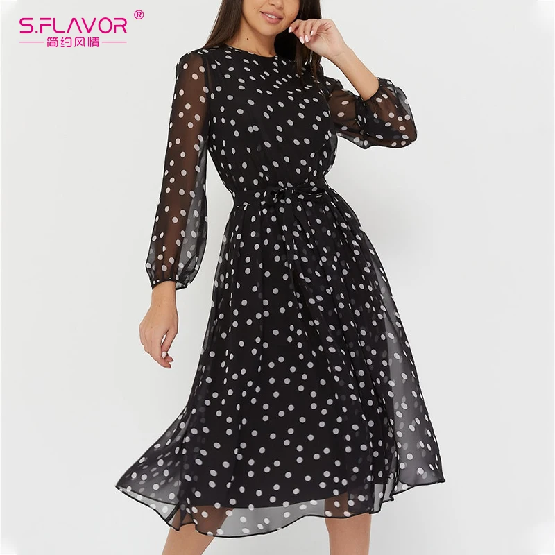 Женское шифоновое платье-трапеция S.FLAVOR винтажное Повседневное платье в горошек