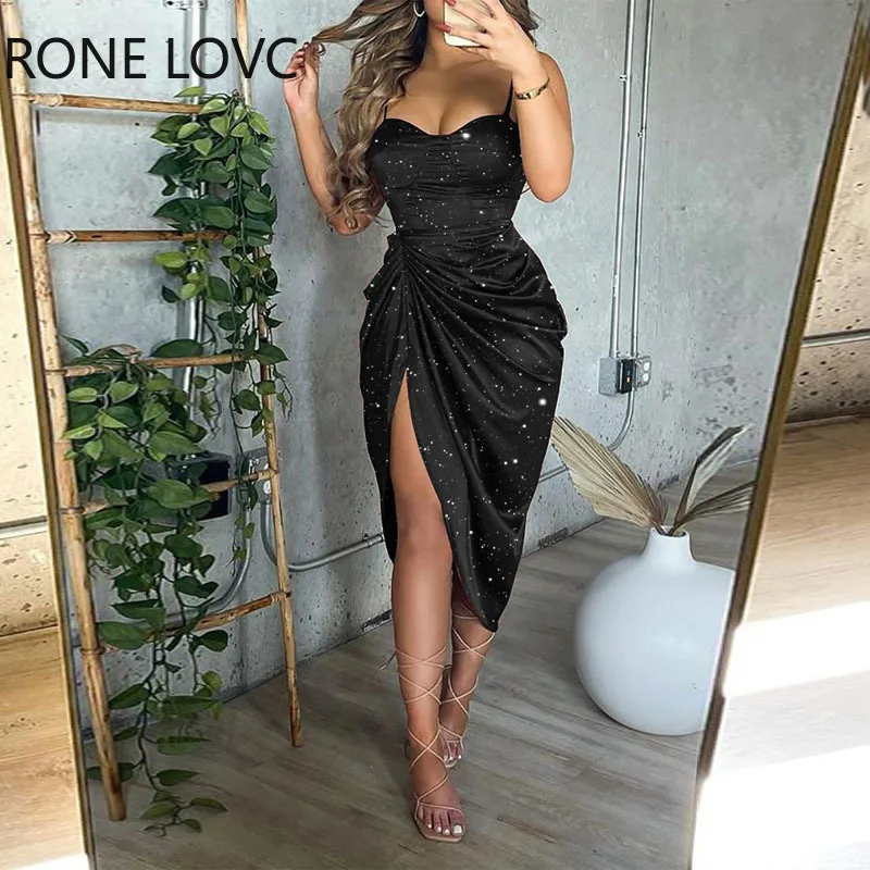 

Women Glitter Sexy Spaghetti Strap High Silt Shirring Midi Sexy Party Dress