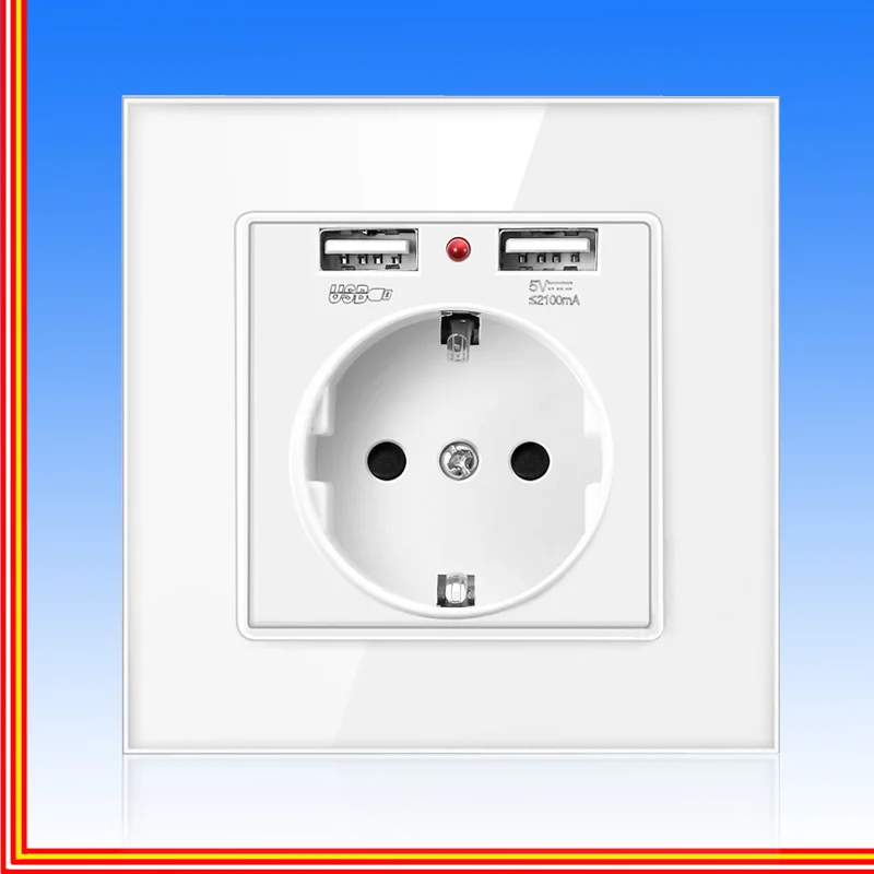 Штепсельная розетка европейского стандарта с usb-розеткой, стеклянная штепсельная вилка 2a с двойным usb-зарядным устройством, штепсельная розетка 16a 2100ma, электрическая настенная розетка