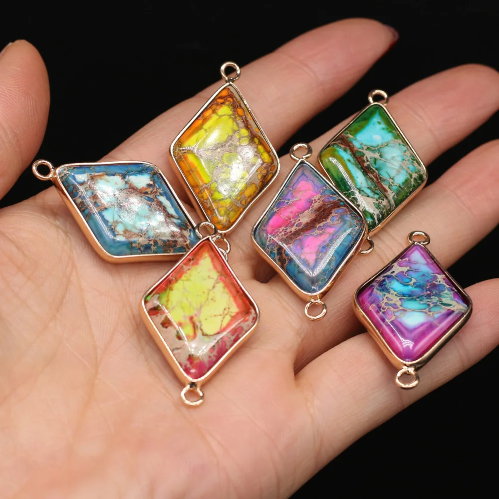 

Natural Gemstone Pendant Rhombus Shape Emperor Jaspers Crystal Double Hole Connectors for Jewelry Making DIY Bracelet Necklace