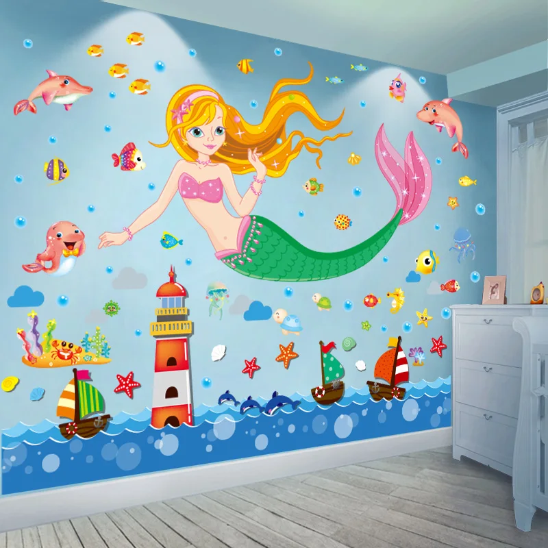 

[SHIJUEHEZI] Cartoon Mermaid Wall Stickers DIY Lighthouse Boats Wall Decals for Kids Room Baby Bedroom Nursery Home Decoration