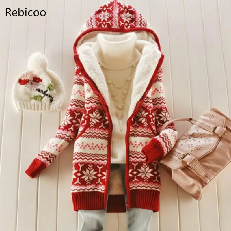 Women thick Fleece Knitted Hooded Cardigans snowflake Crocheted Sweaters Coat Slim Long Sleeved Thickening Velvet Winter Tops |