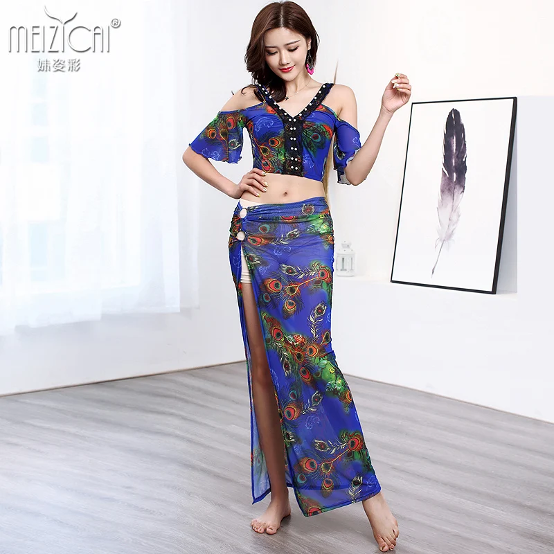 

Комплект из юбки для танца живота, женский тренировочный костюм, женское платье для восточных танцев, соблазнительный костюм с принтом для ...