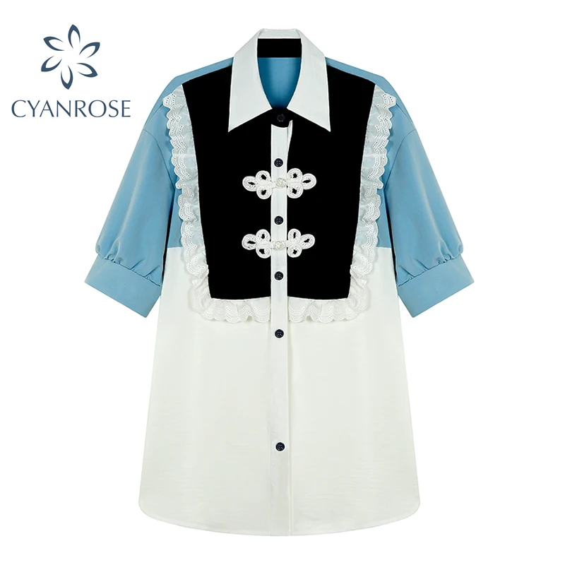 Женское платье рубашка с коротким рукавом свободное ТРАПЕЦИЕВИДНОЕ кружевное