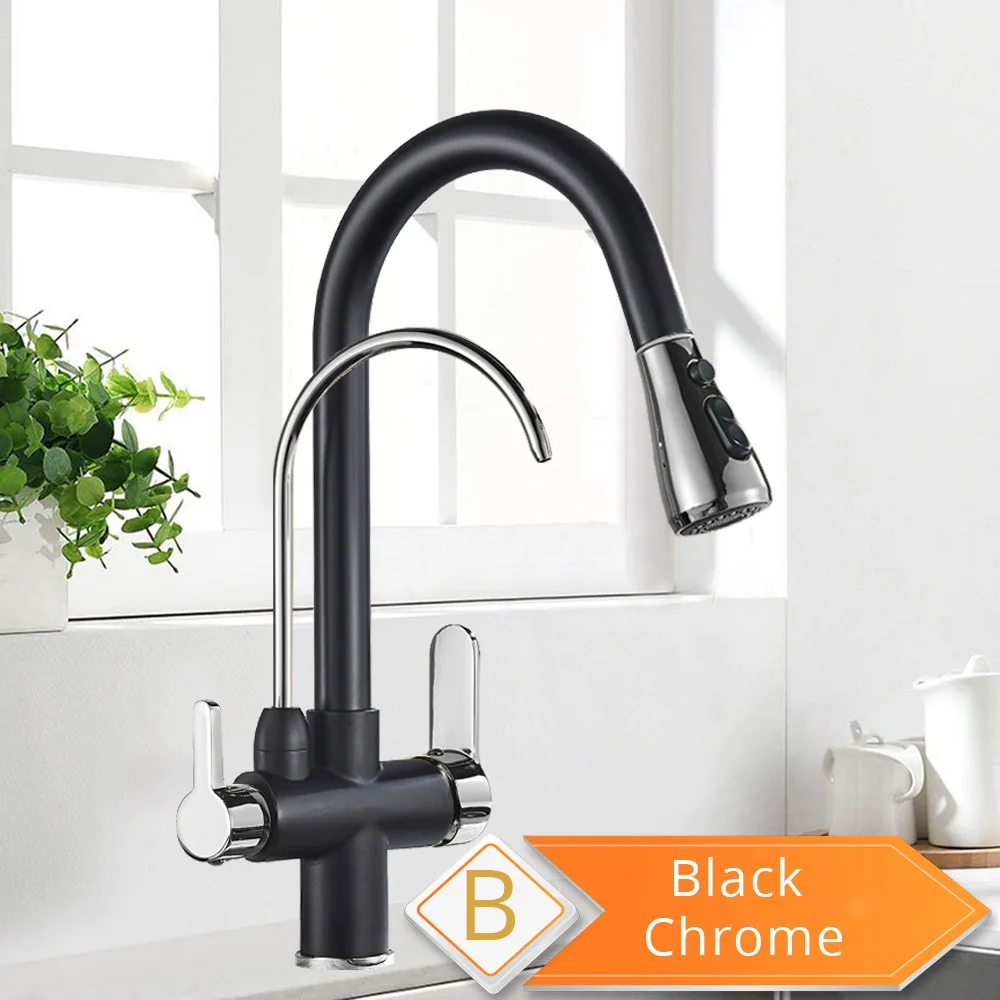 Black Chrome Черный и золотой фильтрованный кран для кухни выдвижной распылитель питьевой воды три способа фильтр для воды кран кухонный кран горячая холодная - Цвет: Black Chrome