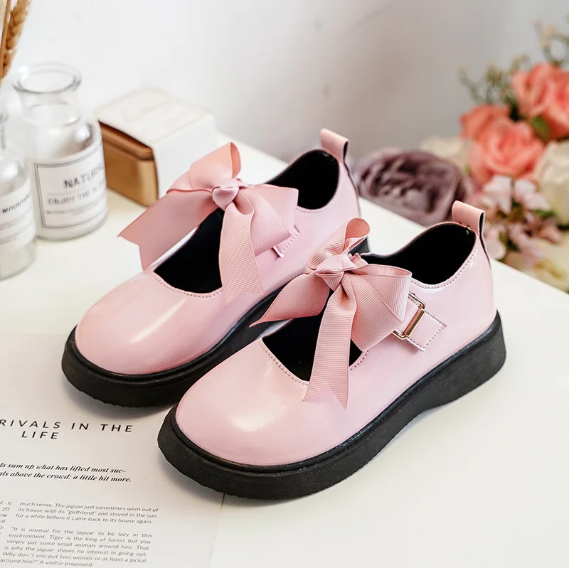 

Autumn Girls Leather Shoes Cute Bow Flat Heels Non-slip Kids Princess Shoes Black Pink Girls Single Shoes Big Girl Shoes STQ057