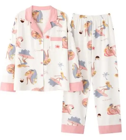 

Cotton Pajamas Set Woman Cartoon Print Long Sleeve Pyjama Loose Size Shirt Summer Lingerie Female Soft Sleepwear