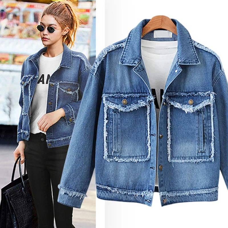 

Large size 5XL Autumn Winter Women Denim Jacket Long Sleeve Short Jeans Coat For Women Burrs Big Pocket Plus Size Outwear