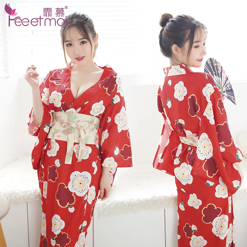 

Пикантное нижнее белье, Униформа, соблазнительное японское цветочное Вишневое женское кимоно с глубоким V-образным вырезом и длинными перь...