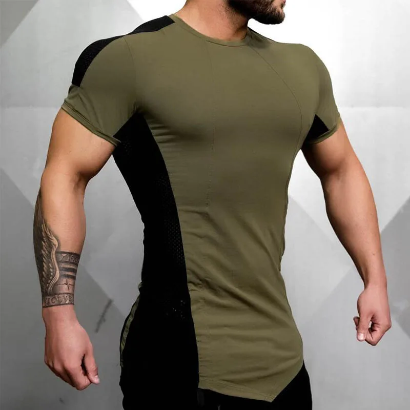 

New Mens Tight-Fitting Short-Sleeved T-shirt Fitness Organization Fitness Gyms Fitness Splicing Cotton T-shirt Size M-XXL