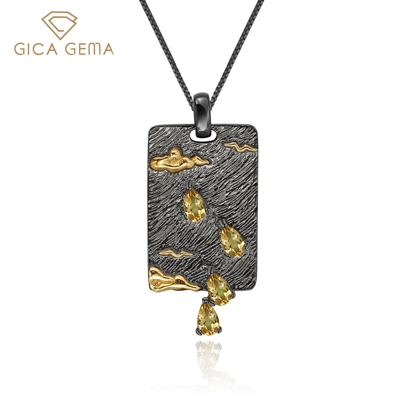

GICA GEMA 925 стерлингового серебра кулон для женщин с натуральным цитрином, ожерелье с драгоценным камнем, облаков, как море арт ювелирные издел...
