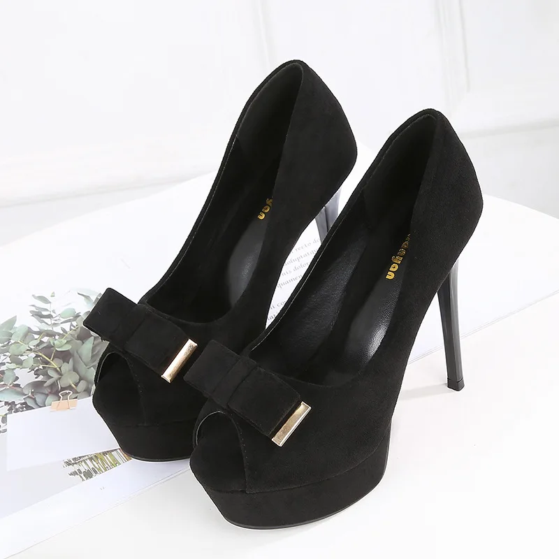 

Autumn and fish mouth waterproof platform bow winter new suede high heel super high heel professional women's single shoes