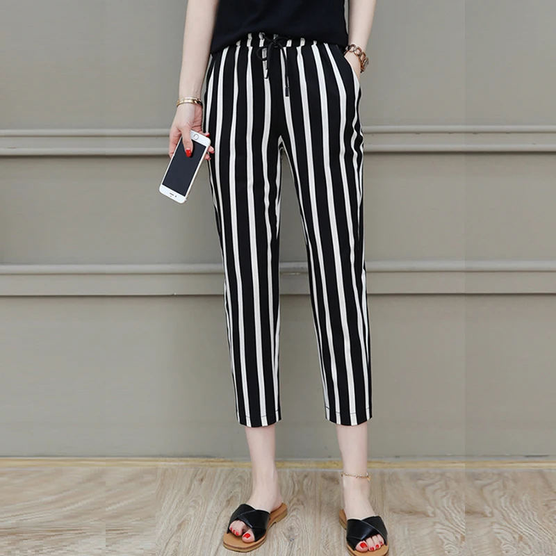 

Summer Calf-length Chiffon Harem Pants Women Spring Y2K Plaid Polka Dot Vertical Lines Pants Draw String Trousers Vogue Bottoms