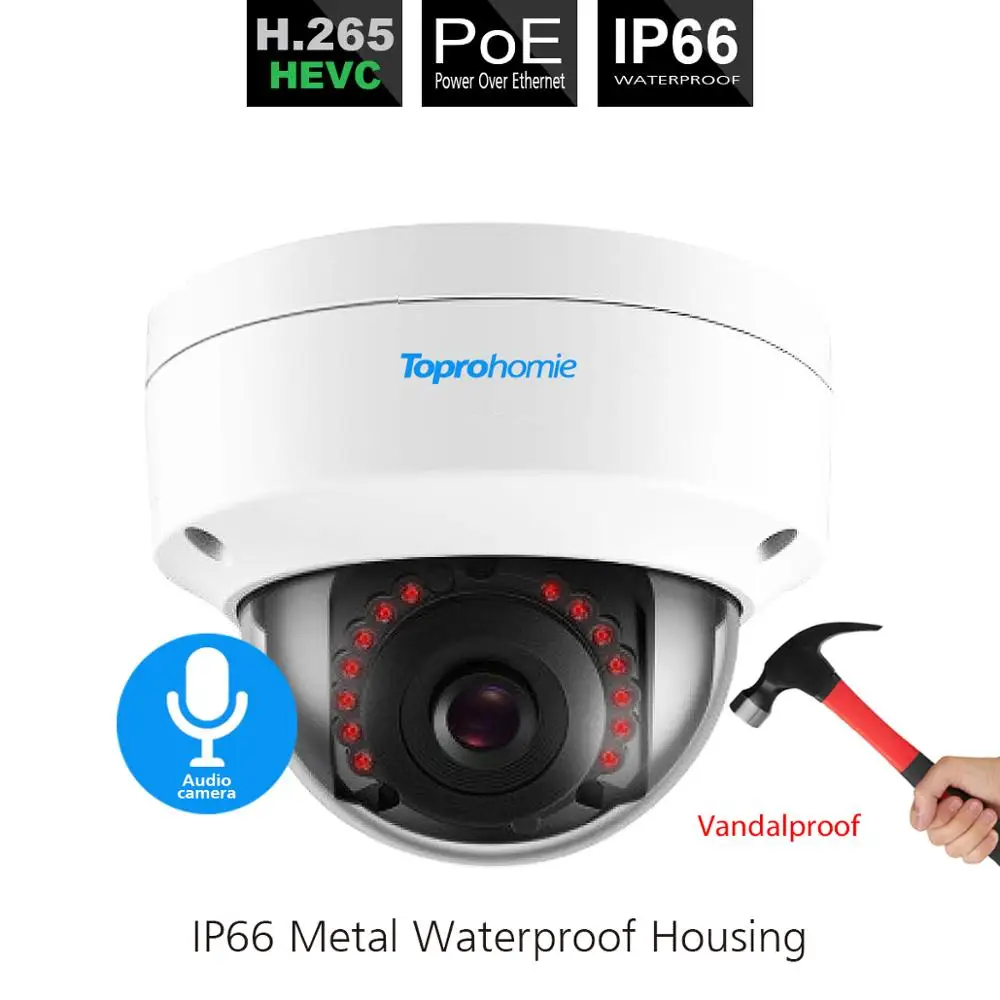 TOPROHOMIE 8CH CCTV H.265 + 5MP POE NVR 4MP Vandalproof камера безопасности Система Аудио Звук