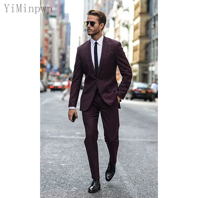 

YiMinpwp Burgundy Men Suits Notched Lapel Single Breasted Blazer Jacket Men Tuxedos groom Wedding Suits 2 Piece Coat Pant