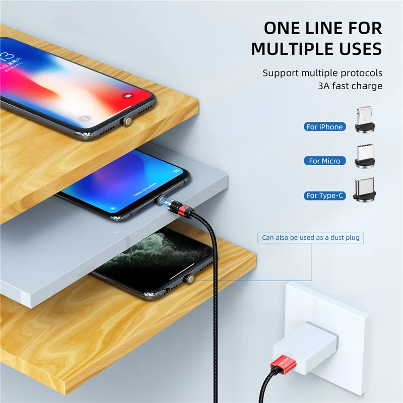 Магнитный USB-кабель USLION 3A с поворотом на 540 градусов для iPhone 11 Plus Samsung Xiaomi |
