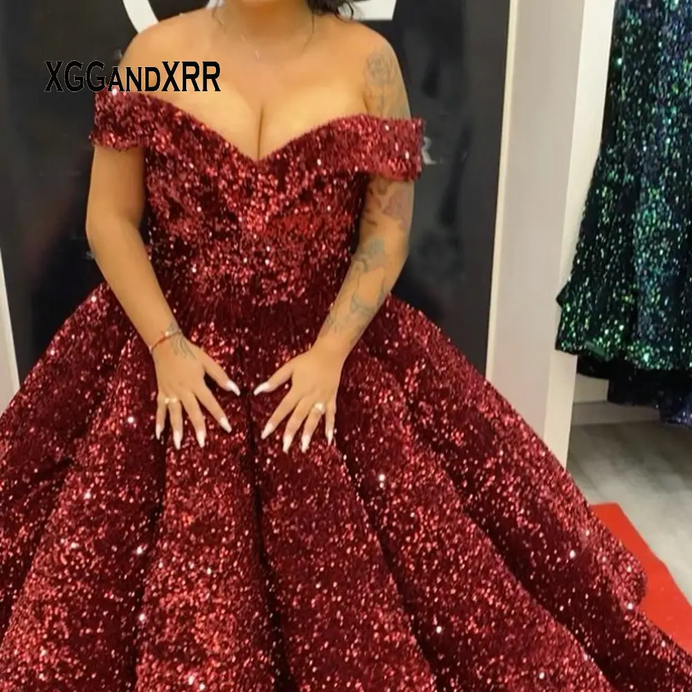 Luxury Burgundy Prom Dress Long 2020 Off Shoulder Sequin Lace Up Ball Gown Formal Dresses Sexy Reflective Pageant Evening Gowns