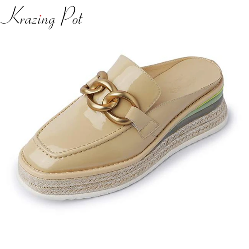 

Тапки Krazing pot женские из бычьей кожи, на металлической цепочке, без застежки, на плоской платформе, Повседневная летняя обувь, L38