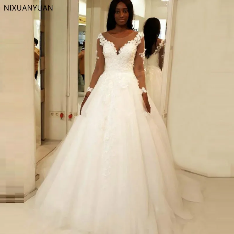 

A Line Long Sleeves Wedding Dresses 2021 Lace Appliques Scoop Button Back Court Train Formal Wedding Bride Gowns