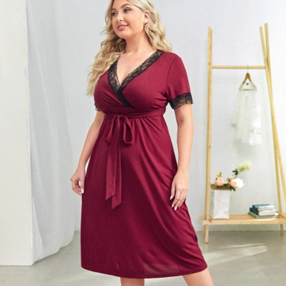 

Women'S Clothing Sexy Solid Color V-Neck Loose Large Swing Elegant Dress Short Sleeve Nightdress Loungewear with Belt XCVDFW1