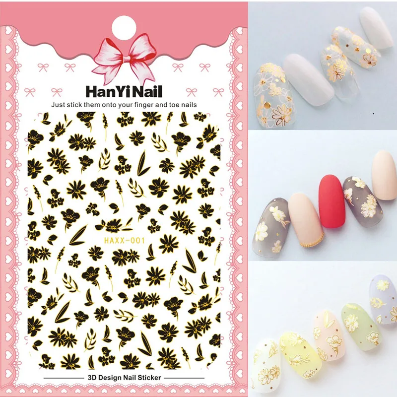 

3D nail art sticker self glue black white gold colors wave lines flowers maple leaves geometric self glue slider decal HY006