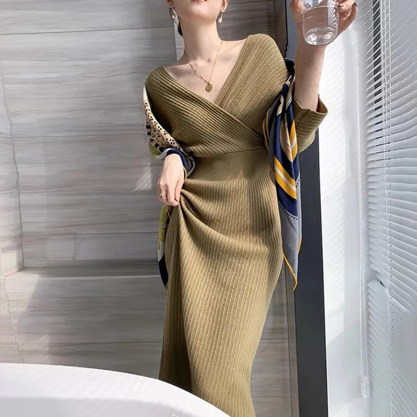 

Korean Fashion Chic Elegant Dress Autumn Winter Knitted Dress High Quality Long Sweater Dresses Vestidos