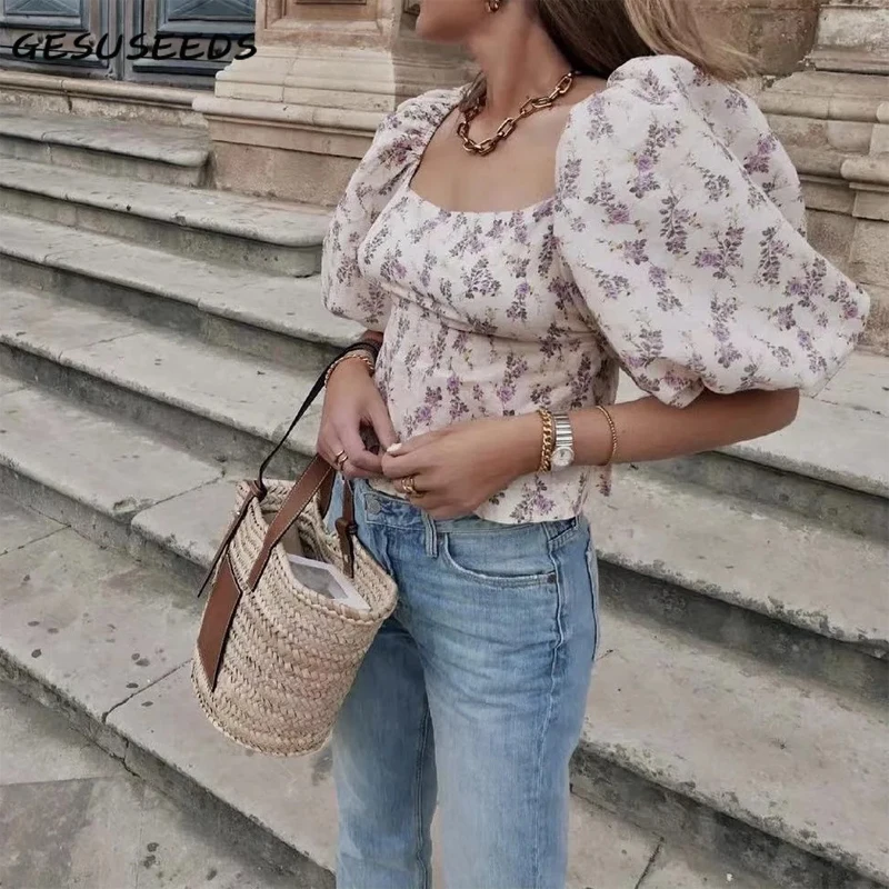 

Sexy Shirt Women Floral Print Blouses Summer Criss Cross Top Backless Lantern Sleeve Shirt Square Neck Slim Blouse Beige New
