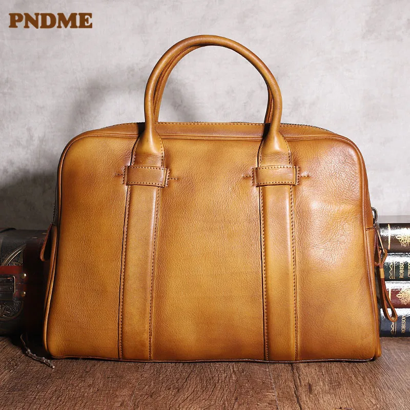 

PNDME vintage genuineleather men's briefcase luxury real cowhide laptop handbag office lawyer work large capacity messenger bag