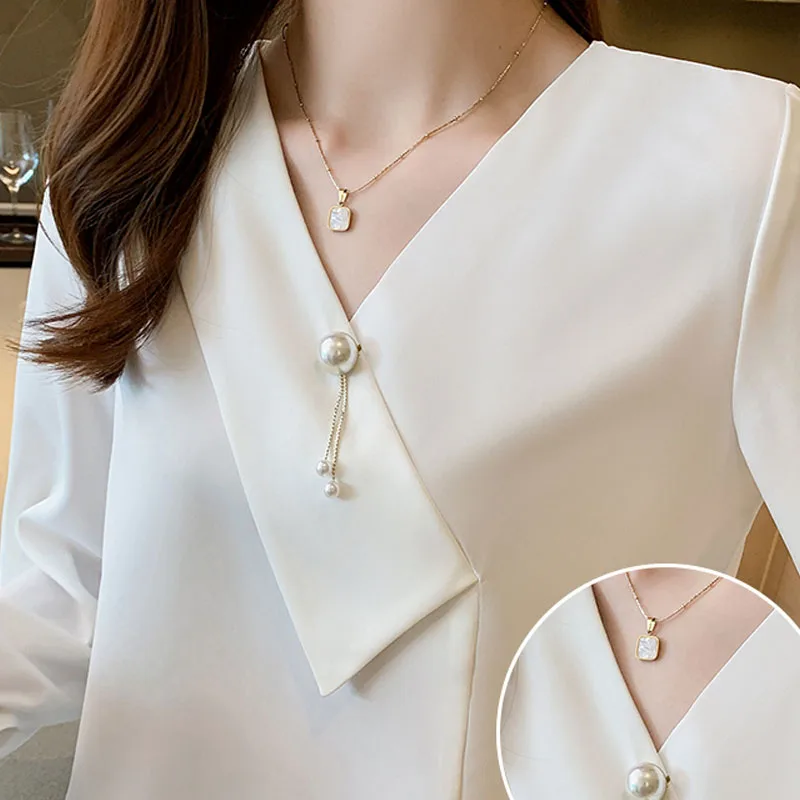 Женская шифоновая рубашка белая или фиолетовая атласная во французском стиле с