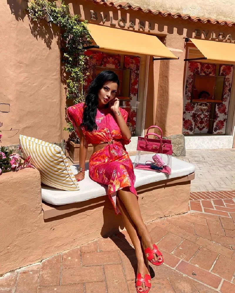 

High Quality Autumn New Flower Printing Hollow Out Short Sleeves Shoulder Pads Midi Woman Bodycon Dress Elegant Feamle Evening P