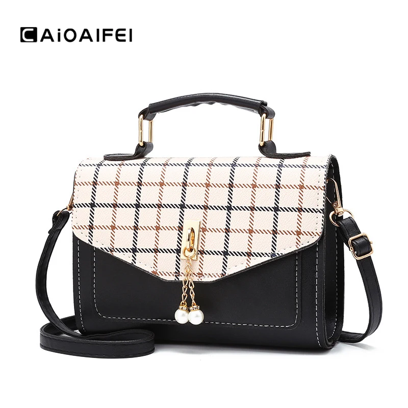 

CAIOAIFEI new fashion women shoulder flap bag plaid PU leather handbags tassel female small satchel lady crossbody messenger bag