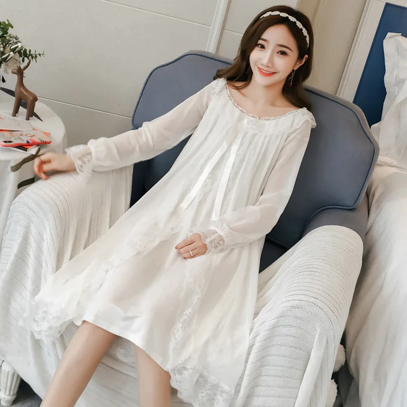 Korean Court Nightdress Long Sleeve Spring Autumn Cotton Princess Dress Lace Nightgown Sexy Sleepwear Lady Nightwear Sleep Dress