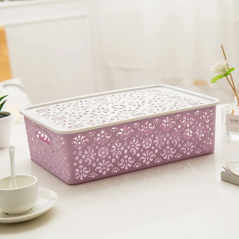 

Hollow Plastic Storage Basket with Lid Desktop Organizer Basket