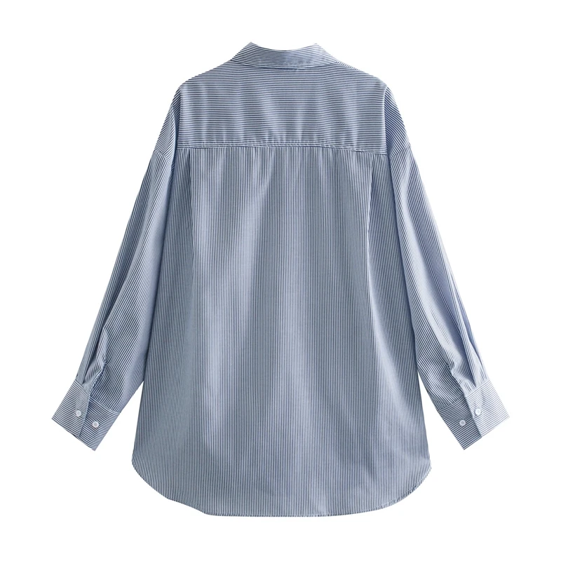 

YOSIBCD Women 2021 Fashion Oversized Side Vents Striped Blouses Vintage Long Sleeve Button-up Female Shirts Blusas Chic Tops
