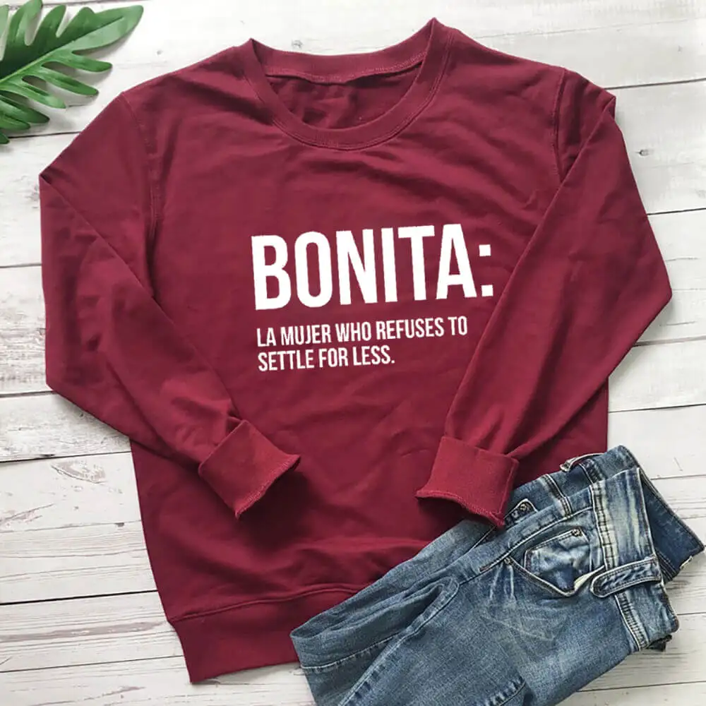 Bonita 100%Cotton Printed Spanish Women's Sweatshirts Spring Latina Casual O-Neck Long Sleeve Tops Latina Gift Bonita Gifts images - 6