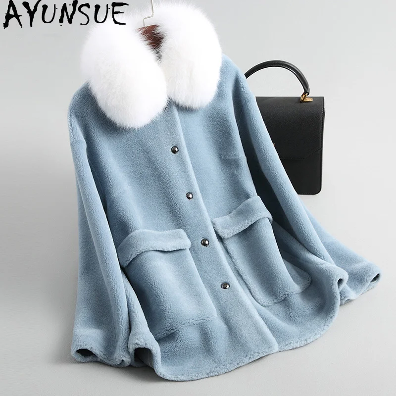 

Пальто из натурального меха, женская зимняя куртка с воротником из натурального Лисьего меха, элегантное пальто с овчиной, Синее Короткое т...