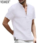 2020 Новые Мужские приталенные льняные рубашки, мужские однотонные хлопковые льняные рубашки с V-образным вырезом, мужские повседневные рубашки с короткими рукавами, S-3XL