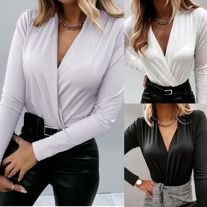 

Women'S Fashion Sexy Solid Color Long Sleeve V-Neck Solid Color Shirt Top