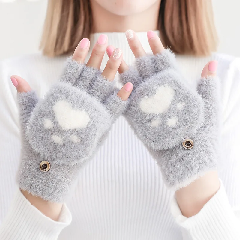 

New knitted gloves women's winter flip cute cat claw Plush thickened Half Finger outdoor riding warm gloves