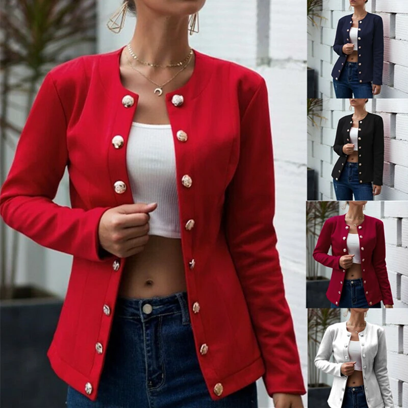 

Женский Однобортный блейзер без воротника с длинным рукавом, Повседневная Офисная Женская приталенная куртка, офисный яркий Блейзер, куртк...
