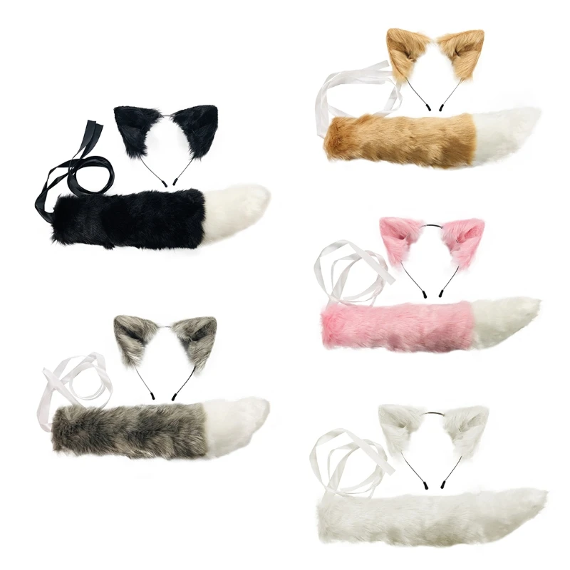 

Adult Kids Simulation Plush Wolf Cat Ears Headband Bandana with Furry Long Tail Set Anime Cosplay Costume Accessories