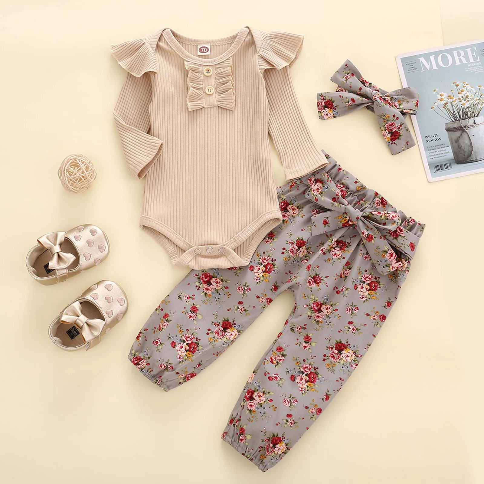 Комбинезон для новорожденных девочек однотонный вязаный ромпер с длинными