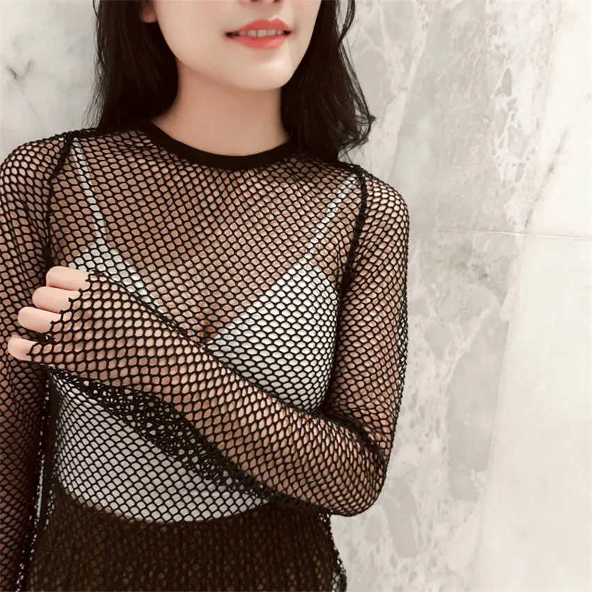 Gowyimmes Осенняя открытая ажурная сетка короткий соблазнительный женский блузка с