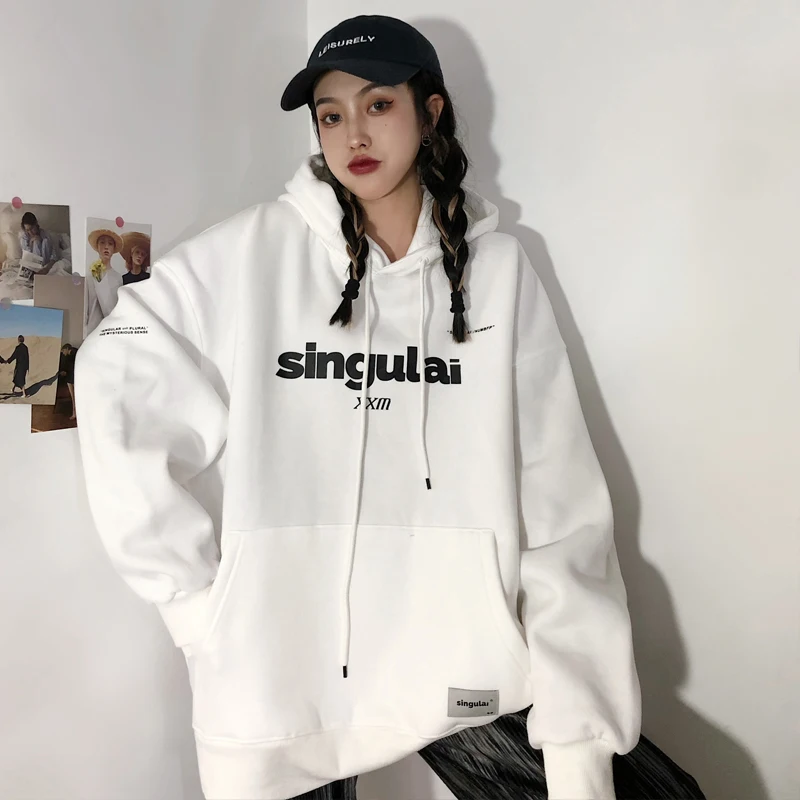 

Yeeloca Velvet Thickened Letter Spring New Sweatershirt Women Casual Loose Print Hooded Pullovers Vintage All-match Top