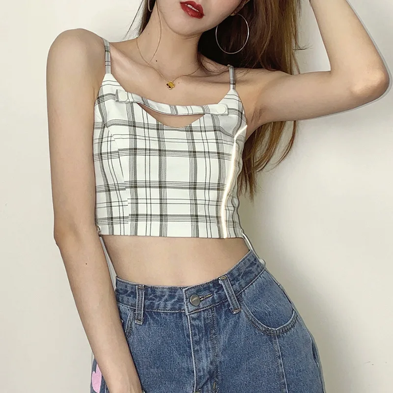 

Summer Tank Tops Splicing Slim Plaid Fashion Bandage Umbilical Sling Short Strap Vest Commute Street Sexy Women Casual 2021 New